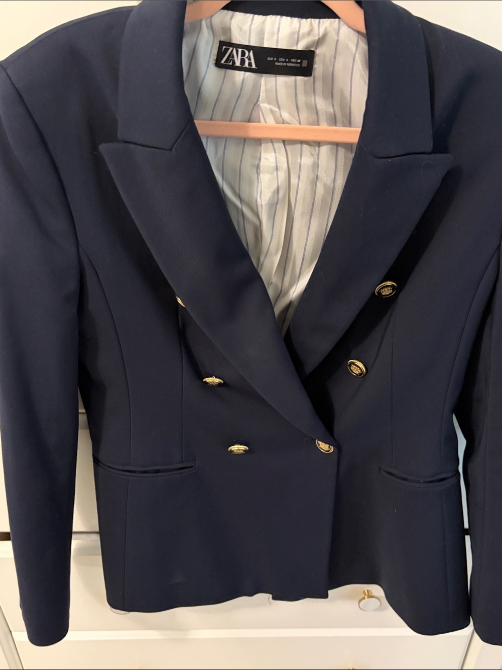 NWOT Zara Navy Double-Breasted Blazer with Gold Buttons, size Lg